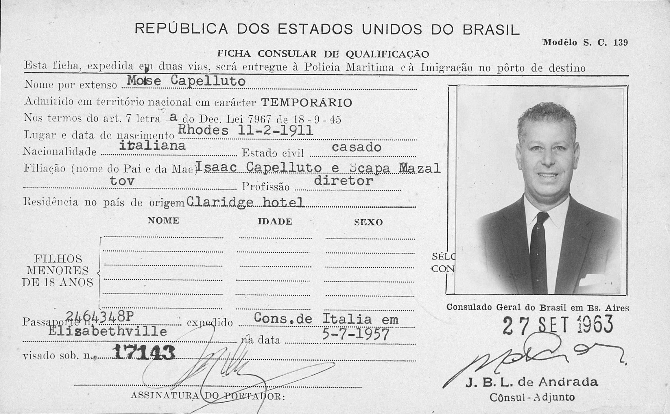 Archive photo Mose_Capelluto_-_Brazilian_immigration_card.jpg